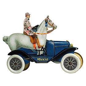 1917 Mfg. Unknown, Moxie Blue Horsemobile Tin Litho Display